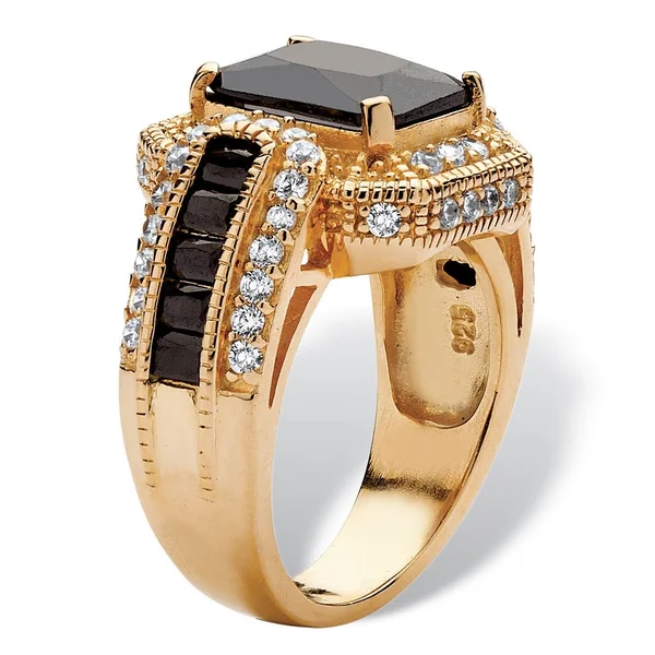 PalmBeach Jewelry 5.81 TCW Emerald-Cut Black Cubic Zirconia Ring in 14K Yellow Gold Over Sterling Silver