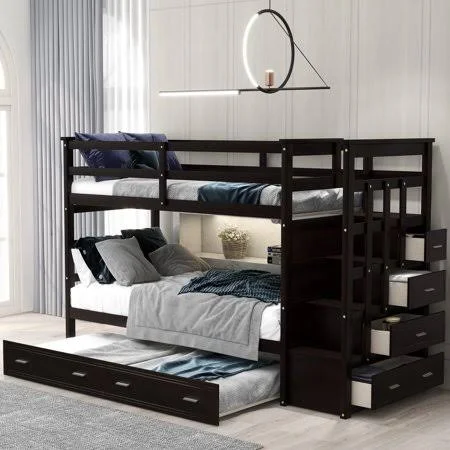 Euroco Twin Over Twin Bunk Bed with Trundle Storage Drawers, Espresso