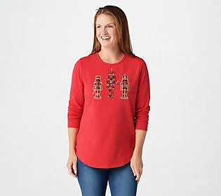 Quacker Factory Plaid Embellished French Terry Top, Size XX-Small, Red/Nutcrackers