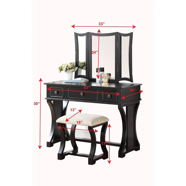 Poundex Black Vanity Set with Stool