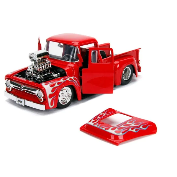 Jada 1956 Ford F-100 Pickup Truck with Blower Glossy Red with Flames Just Trucks Series 1/24 Diecast Model Car 30715