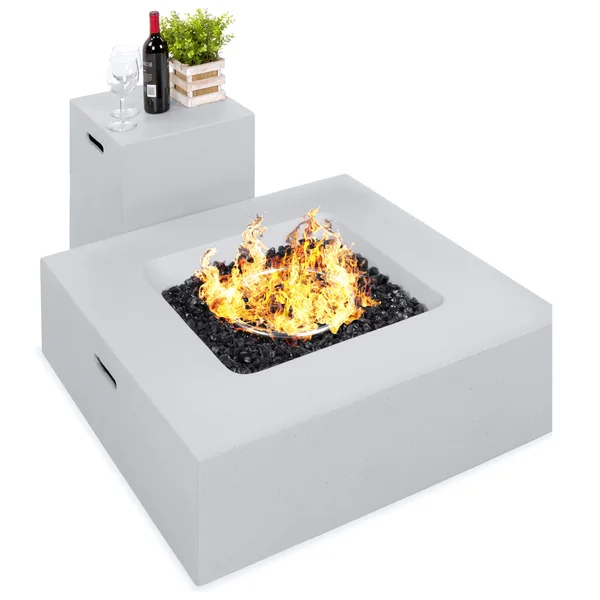 Best Choice Products 35x35in 40 - 000 BTU Outdoor Square Propane Fire Pit Table with Side Table Tank Storage, Cover - Gray