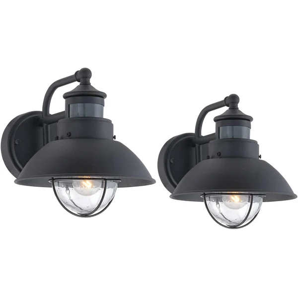 John Timberland Oberlin Mission Farmhouse Outdoor Barn Light Fixtures Set of 2 Black 9x22 Clear Seedy Glass Dusk to Dawn Motion