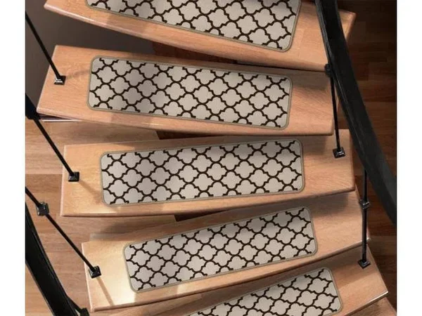 Set of 15 Attachable Indoor Carpet Stair Treads - Moroccan Trellis Lattice - Vanilla Cream & Coffee Brown - 9 Inches x 36 In