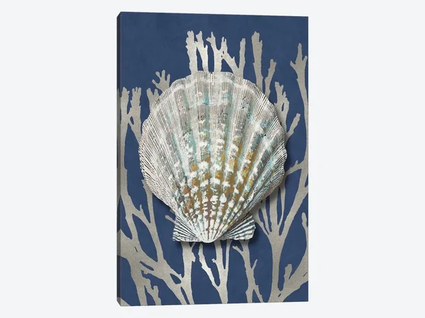 Shell Coral Silver on Blue IV Canvas Artwork Print by Caroline Kelly ( Animal Art > Sea Life > Coral art)