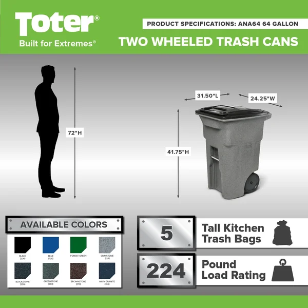 Toter ANA64-00BST Brownstone 2Wheel Trash Can, 64Gal.