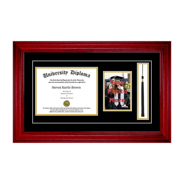 Single Diploma Frame with 5x7 Photo - Tassel and Double Matting for 10 inch x 8 inch Tall Diploma with Cherry 2 inch Frame