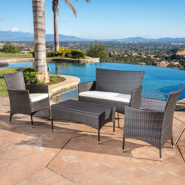 Mina Outdoor 4 Piece Wicker Chat Set with Water Resistant Cushions - Multibrown - Beige