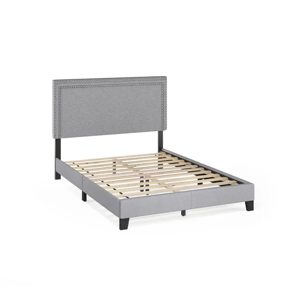 Furinno Laval Double Row Nail Head 12pc Slat Style Bed Frame, Queen, Linen