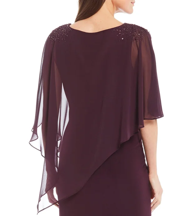 Slny Aubergine Women's Asymmetrical Cape with Beaded Shoulder Dress