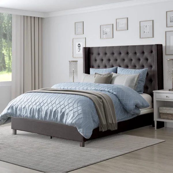 CorLiving Fairfield Dark Grey Tufted Fabric Full Double Bed with Wings