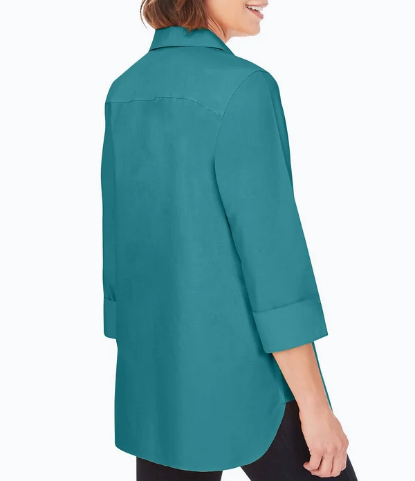Foxcroft Pandora Solid Non-Iron Pinpoint Oxford Button Front Wing Collar Neck 34 Sleeve Tunic, Womens, 16, Autumn Ivy