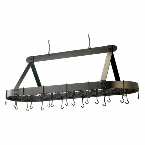 Old Dutch Oiled Bronze Oval Hanging Pot Rack with Grid & 24 Hooks
