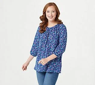 Denim & Co. Printed Heavenly Jersey3/4 Sleeve Top, Size Large, Night Sky