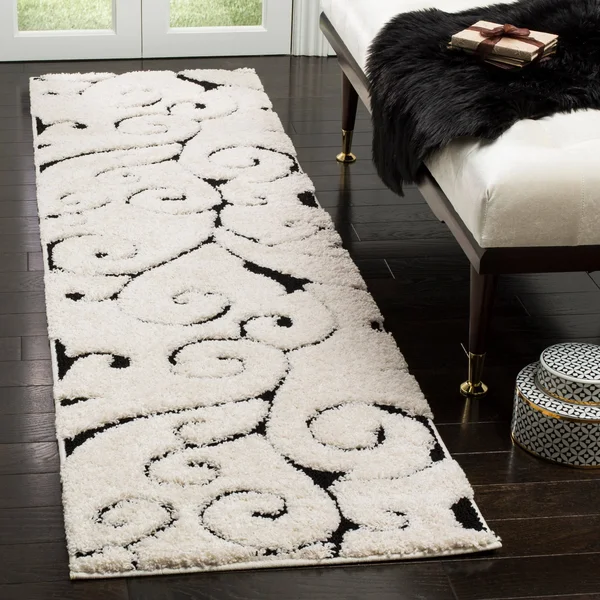 Safavieh Florida Shag Shahin Scroll 1.2-inch Thick Rug - 2&3x22 x 21& Runner - Ivory/Black
