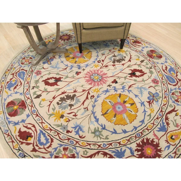 EORC Hand-Tufted Wool Ivory Transitional Floral Suzani Rug (7&9 Round)
