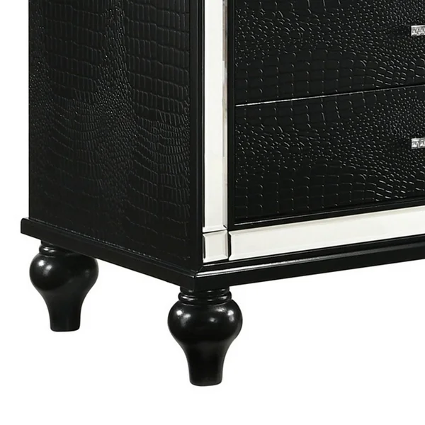 3 Drawer Wooden Nightstand with Mirror Accents and Faux Crystal Pulls, Black