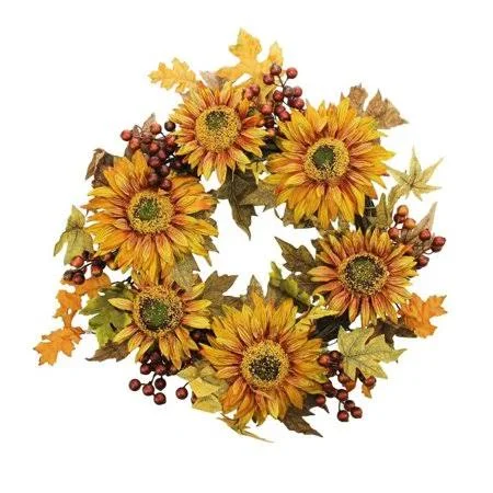 24 inch Autumn Harvest Sunflower Berry Wreath - Unlit - Orange