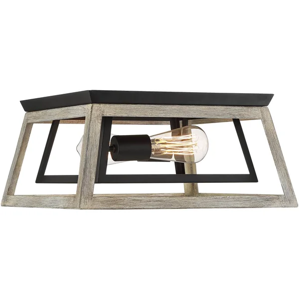 Possini Euro Design Farmhouse Ceiling Light Flush Mount Fixture Whitewashed Wood Black 14x22 Wide Open Box Bedroom Kitchen Hallw
