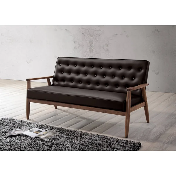 Baxton Studio Sorrento Mid Century Retro Modern Faux Leather Upholstered Wooden 3 Seater Sofa, Dark Brown