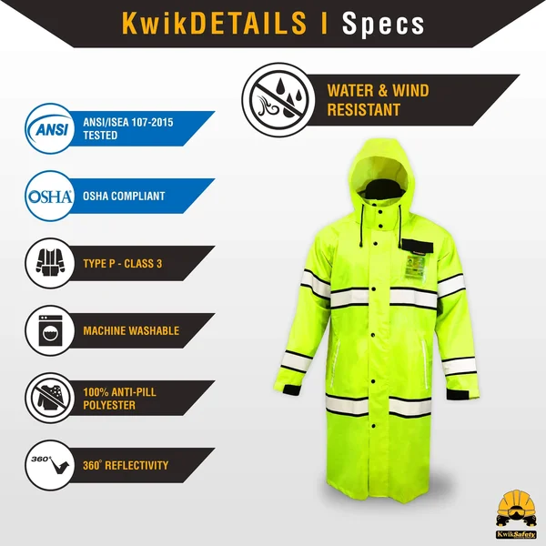 KwikSafety (Charlotte - NC) Torrent Class 3 Safety Trench Coat, High Visibility Waterproof Windproof Safety Rain Jacket, Hi Vis