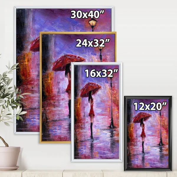 Designart &The Woman with The Umbrella Walking in The Rain I& French Country Framed Canvas Wall Art Print - 30 in. Wide x 40 in.