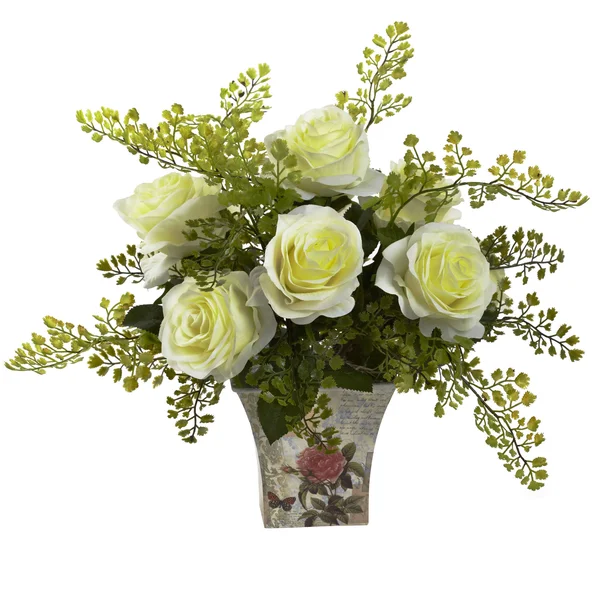 Nearly Natural Rose & Maiden Hair Floral Planter - White