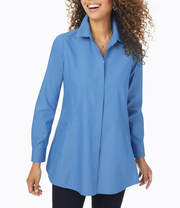 Foxcroft Cici Solid Non-Iron Pinpoint Oxford Long Sleeve Point Collar Button Front Tunic - Womens, 4, Blue Bliss