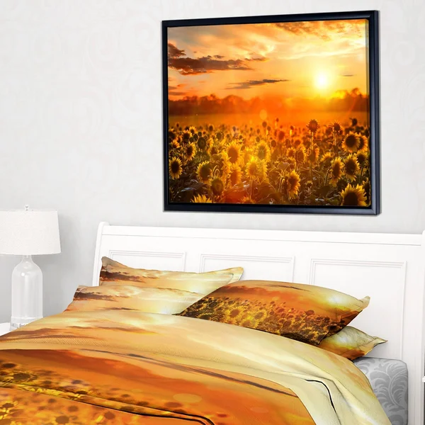 Designart 'Yellow Sunset Over Sunflowers' Floral Photography Framed Canvas Art - 20 in. Wide x 12 in. High - Black