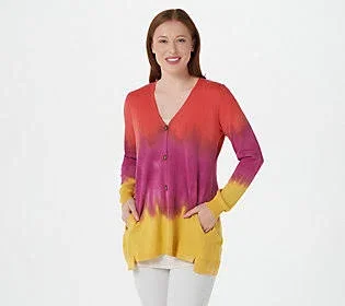 Logo by Lori Goldstein Hand Dyed Button Front Cotton Cardigan, Size Large, Poinciana Combo