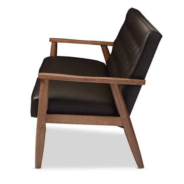 Baxton Studio Sorrento Mid Century Retro Modern Faux Leather Upholstered Wooden 3 Seater Sofa, Dark Brown