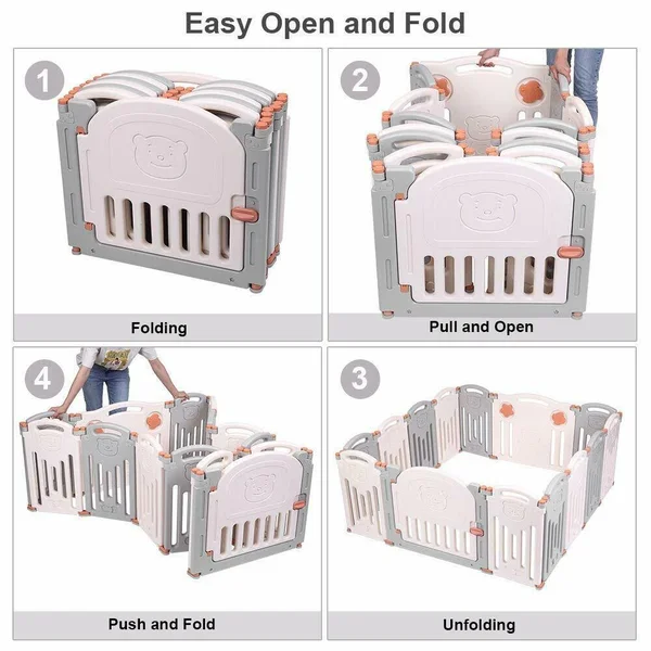 JOYMOR 14 Panels Foldable Baby Playpen BPA-Free Safety Play Yards Kids Activity Center with Locked Door Home Indoor Outdoor (Lit