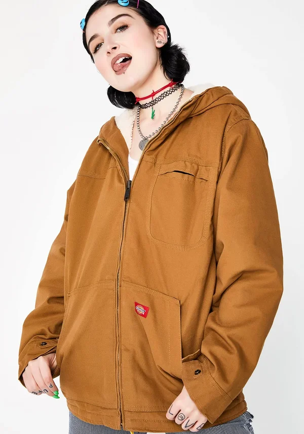 Dickies Men's Sanded Duck Sherpa Lined Hooded Jacket, Brown Duck