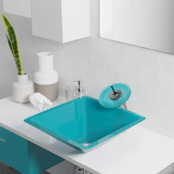 Rene R5-5003-CER-WF 16-1/2x22 Glass Vessel Bathroom Sink with Waterfall Faucet Si Cerulean - Antique