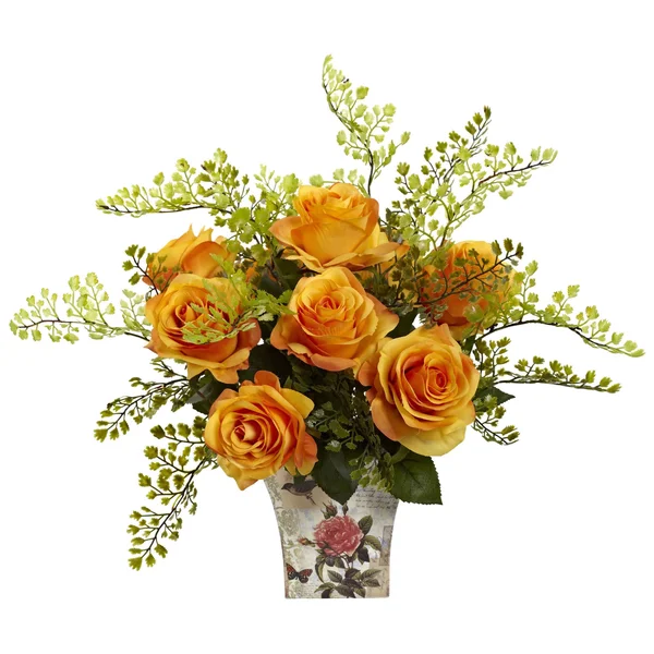 Nearly Natural Rose & Maiden Hair Floral Planter - White