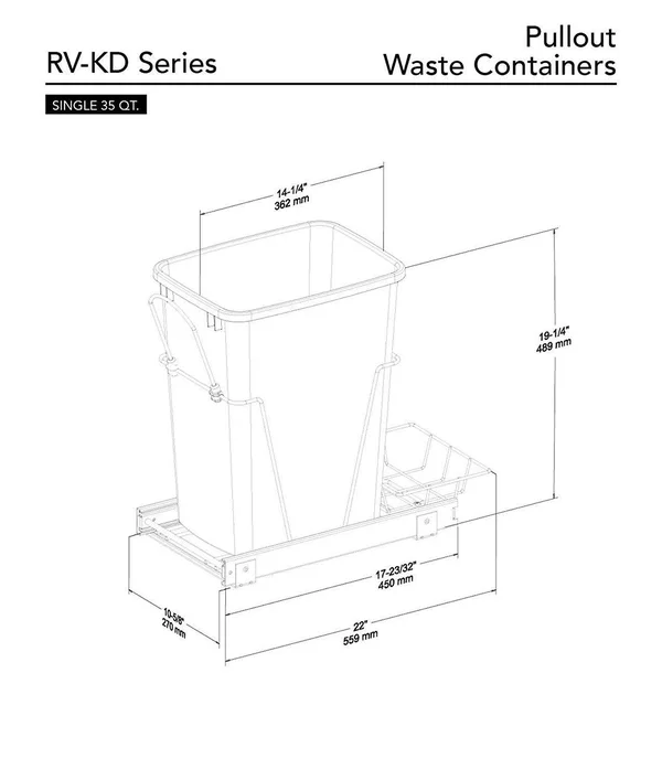 Rev-A-Shelf - RV-12KD-17C S - Single 35 qt. Pull-Out Silver and Chrome Waste Con