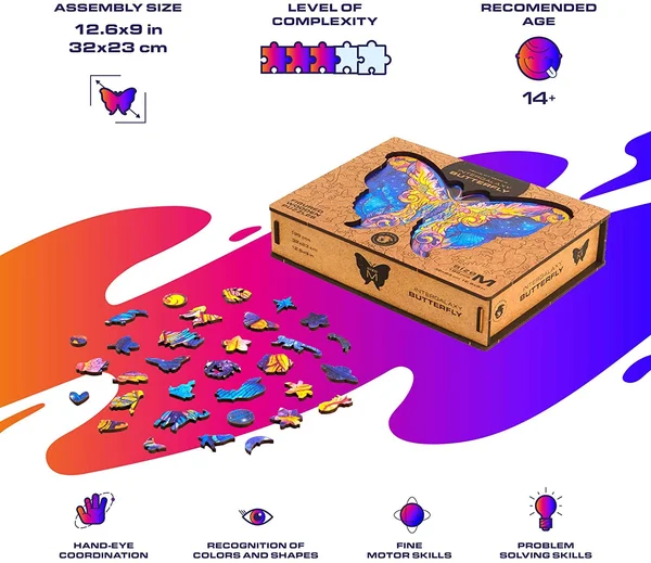 Unidragon Wooden Puzzle Jigsaw - Best Gift for Adults and Kids, Unique Shape Jigsaw Pieces Intergalaxy Butterfly, 12.6 x 9 in (32