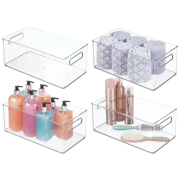 mDesign Plastic Bathroom Storage Bin Tote with Handles, 4 Pack - Clear