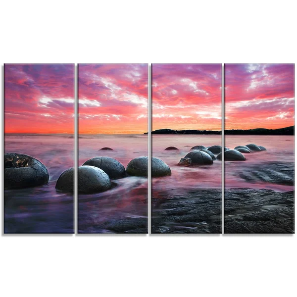 Design Art PT9480-32-16 Moeraki Boulders at Sunset Seashore Photo Canvas Art Print, Red, 32x16x22