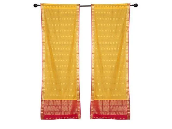 2 Lined Yellow Bohemian Indian Sari Curtains Rod Pocket Living Room -43w x 96L