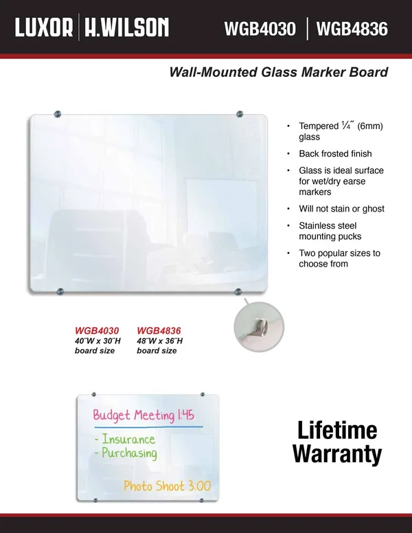Luxor wgb4030 Wall-Mounted Glass board, 40x22w x 30x22H