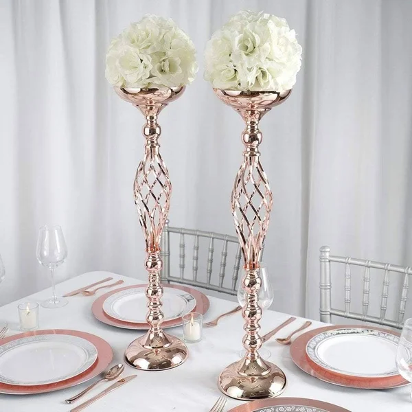 Balsacircle 2 Pcs 26 inch Tall Rose Gold Metal Candle Holder Vase Centerpieces, Pink
