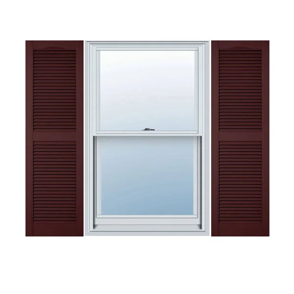 12 inchw x 61 inchh Lifetime Vinyl - Custom Cathedral Top Center Mullion, Open Louver Shutters, w/Shutter-Loks (Per Pair), Bordea