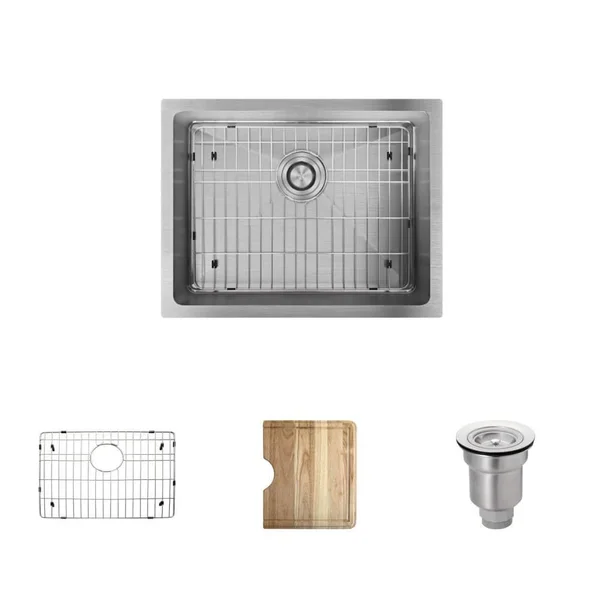 Rene R1-1015-18 23 inch Stainless Steel Single Bowl 3/4 inch Radius 18 Gauge Kitchen Sink with Cutting Board - Grid and Basket ST