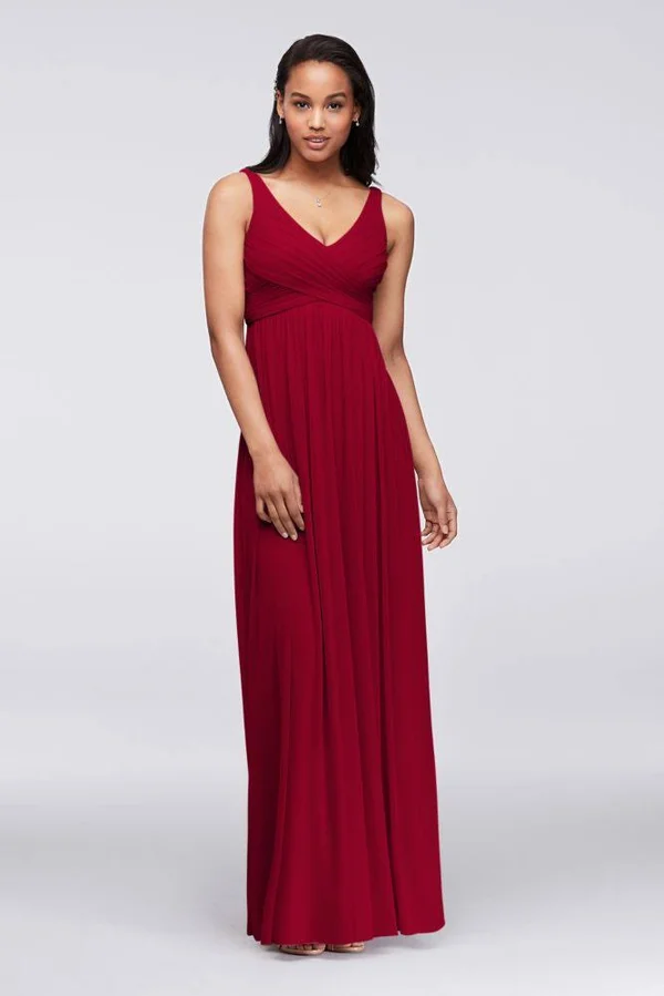 Long Mesh Bridesmaid Dress with Cowl Back Detail - Wine (Red) - 20