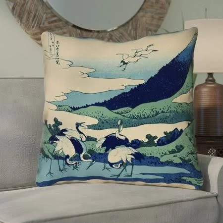 Montreal Japanese Cranes Suede Throw Pillow Bloomsbury Market Pillow Cover Color: Ivory/Blue, Size: 26x22 x 26x22