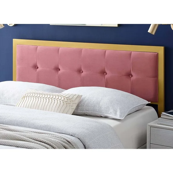 Panama Modern Heather Pink Velvet Button Tufted Upholstered King Size Metal Headboard