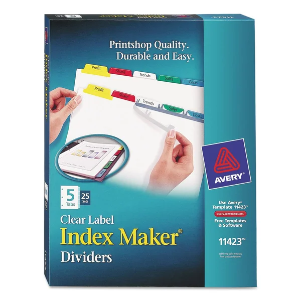 Avery Print & Apply Clear Label Dividers - Index Maker Easy Apply Printable Label Strip, 5 Multicolor Tabs, 25 Sets (11423)