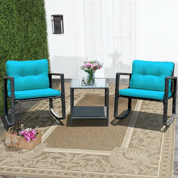 3 Pcs Patio Rattan Set Rocking Chair Cushioned Sofa Garden Furniture-Blue