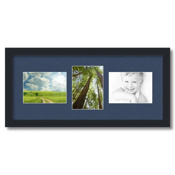Collage Picture Frame, Satin Black Frame with 3 openings for 5x7 Photos with Midnight Blue Mat. D3926FK213, ArtToFrames
